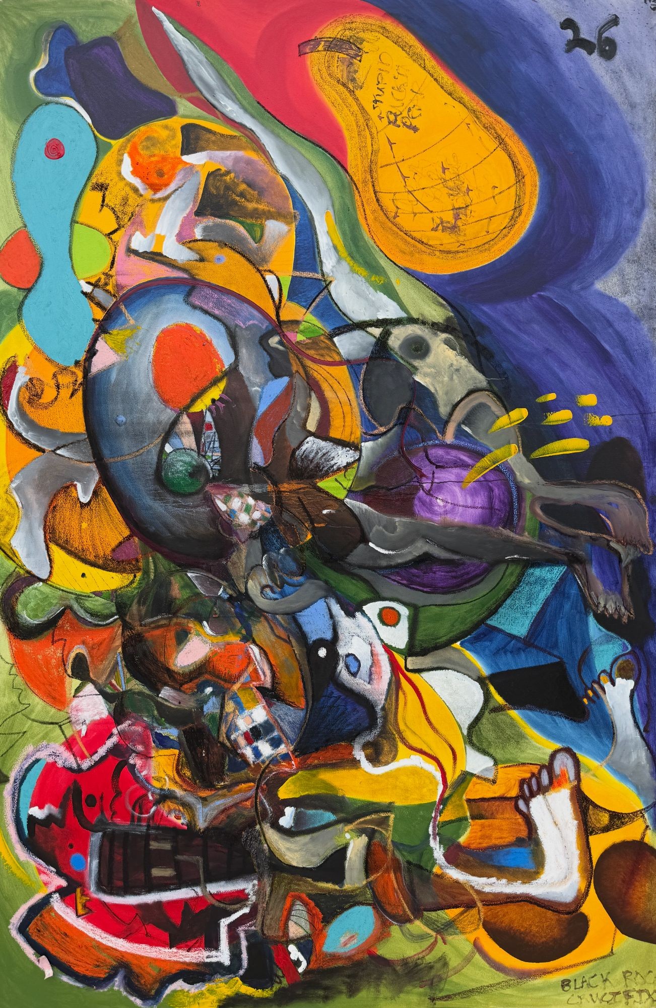 Black Rock Crucifixi, 80" x 120", Mixed media on canvas, 2026